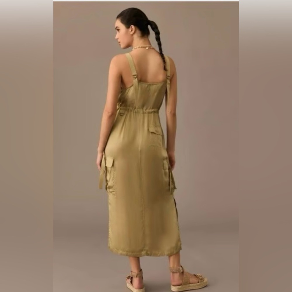 Love The Label Anthropologie Sleeveless Utility Satin Green Midi Dress Size XS - Picture 2 of 13